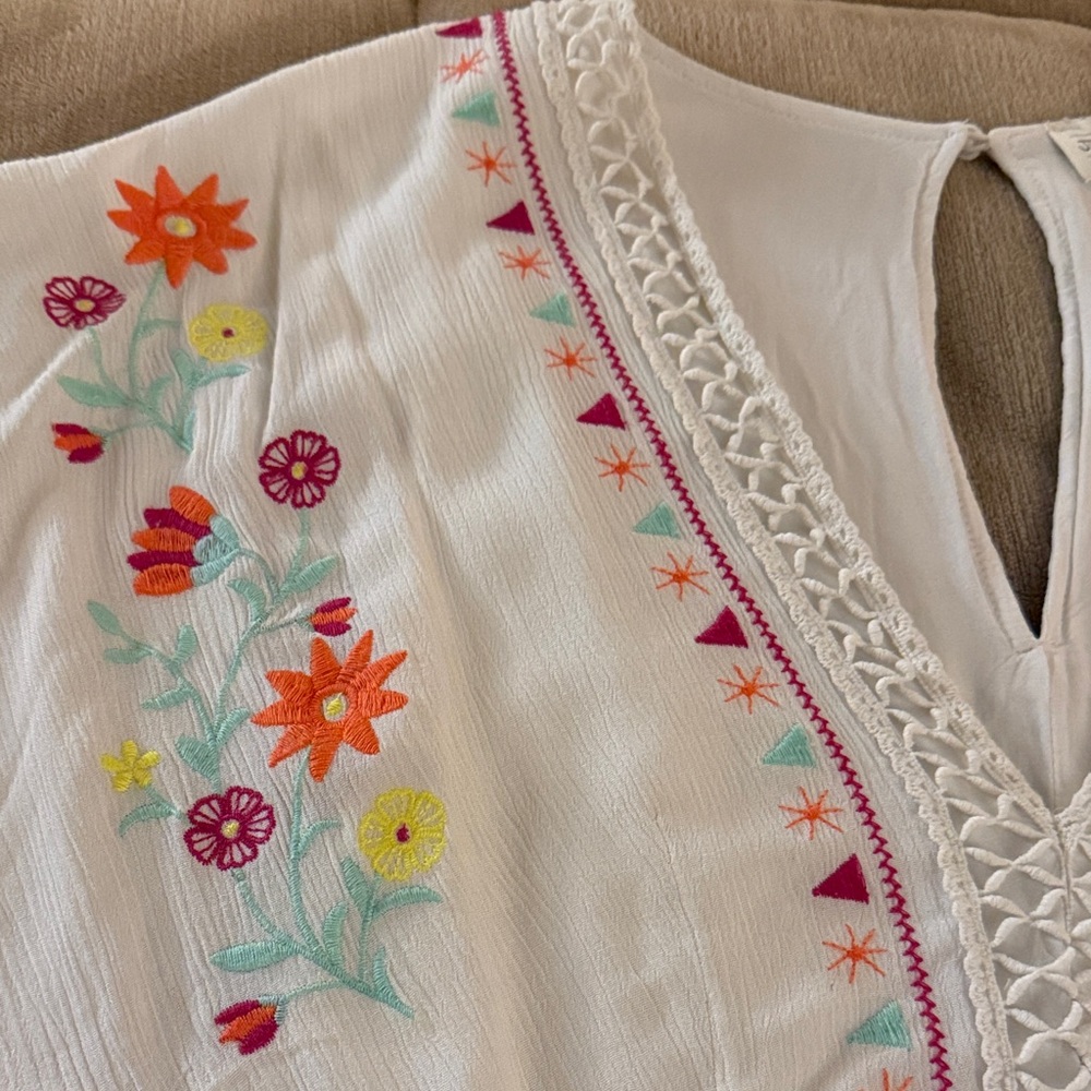 White Embroidered Floral Jumpsuit with Crochet Trim